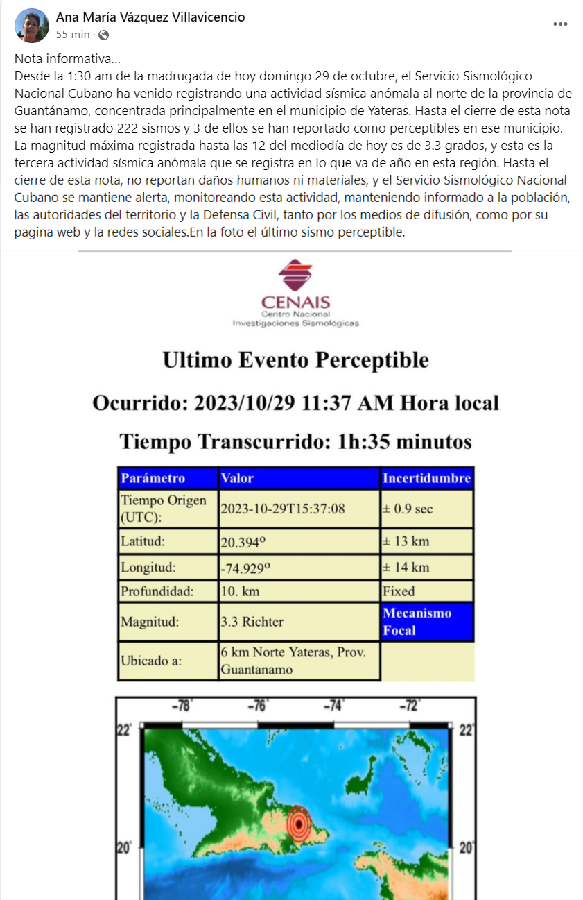 Actividad sísmica anómala en Yateras y el norte de la provincia de Guantánamo